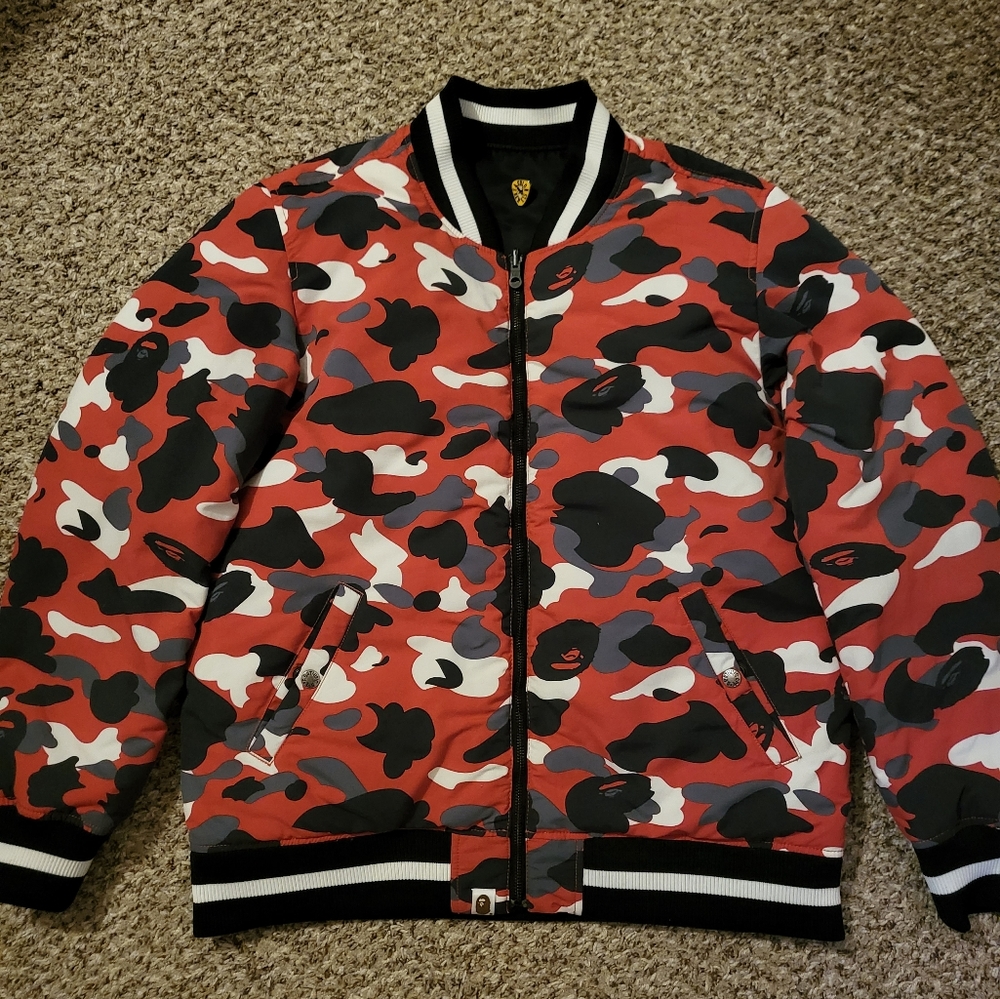 A Bathing Ape Red Camo Down Bomber Jacket